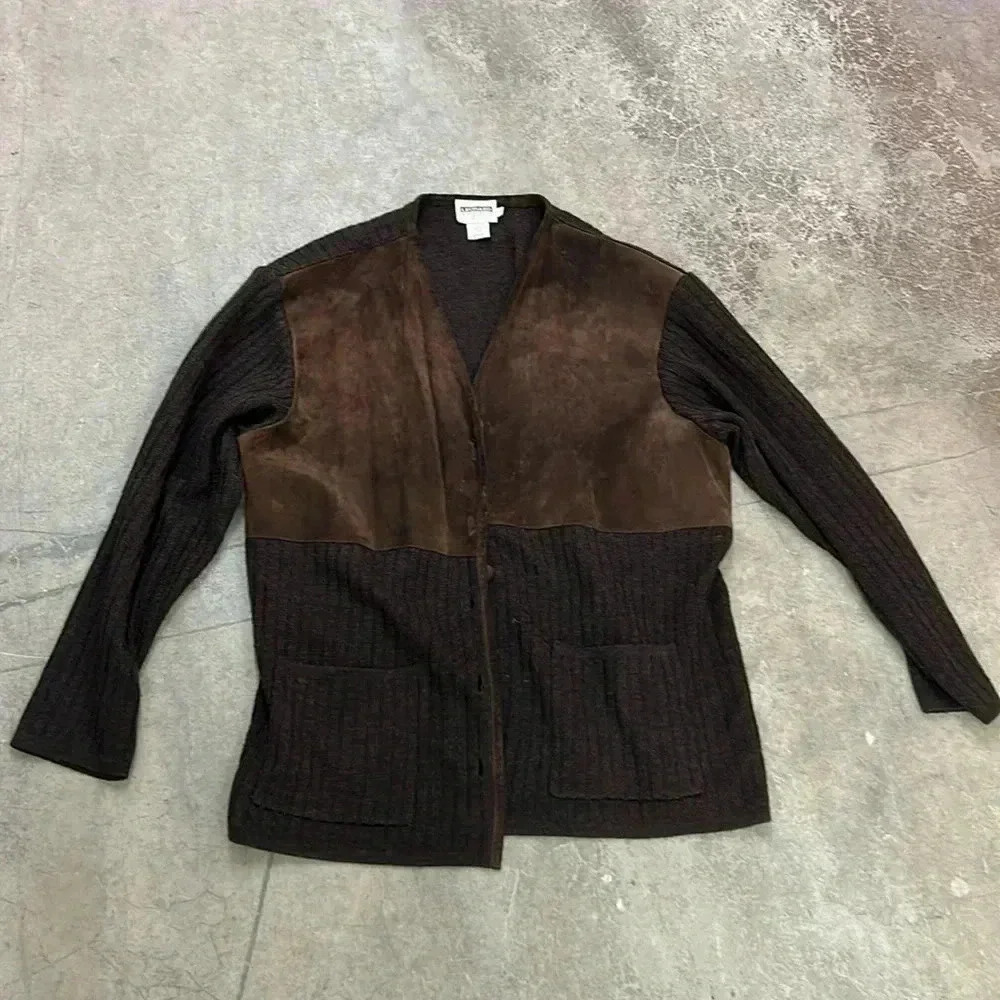 Vintage wool blend with suede cardigan